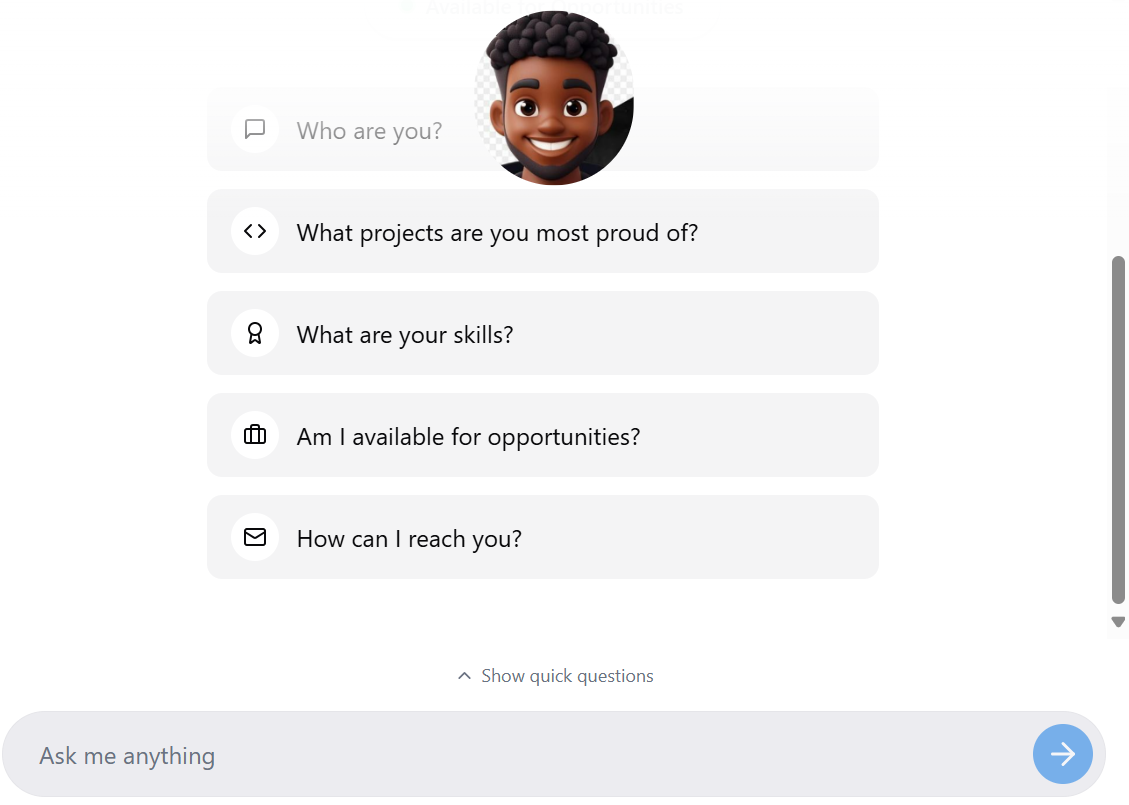 AIPortfolio — chat interface with AI assistant and preset questions