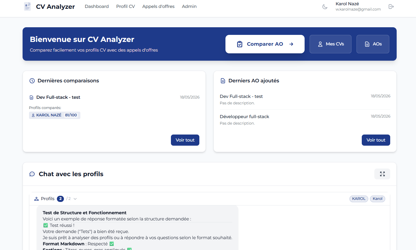 CV Analyzer dashboard — comparaisons récentes et chat avec les profils
